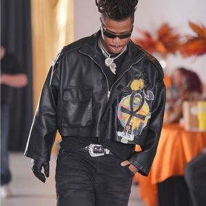 True Religion Black Leather Bomber Jacket with Artistic Graphic